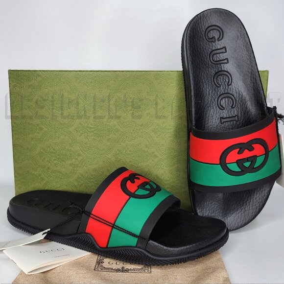 GUCCI men 10 Agrado INTERLOCKING G Logo Black Green Red rubber Slide sandals NIB - Picture 2 of 11